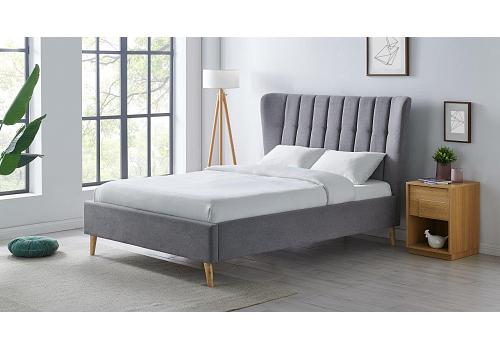 4ft6 Double Tasmin light grey fabric upholstered bed frame bedstead. Tall, High curved headend 1